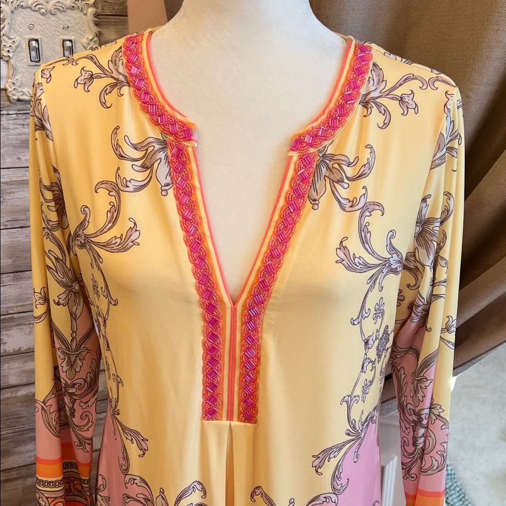 Hale Bob Beaded Long Sleeve Dress in Yellow and Pink, NWT, L - Picture 3 of 12